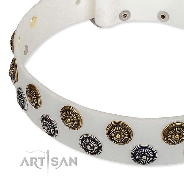 Handy use decorated dog collar of quality natural leather