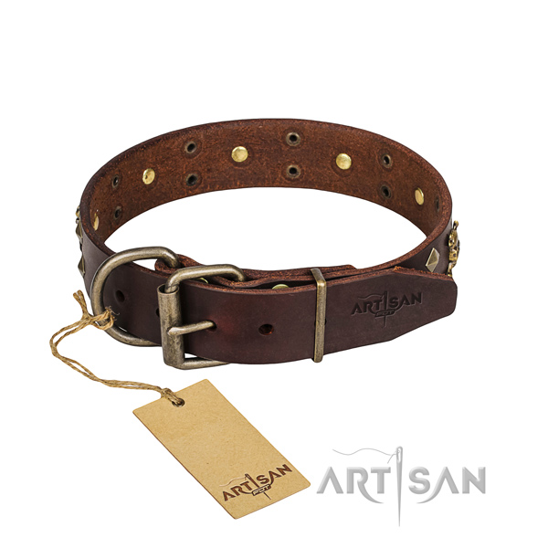 Easy wearing dog collar of top quality full grain natural leather with decorations