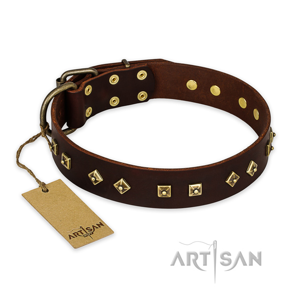 Adorned full grain genuine leather dog collar with strong D-ring