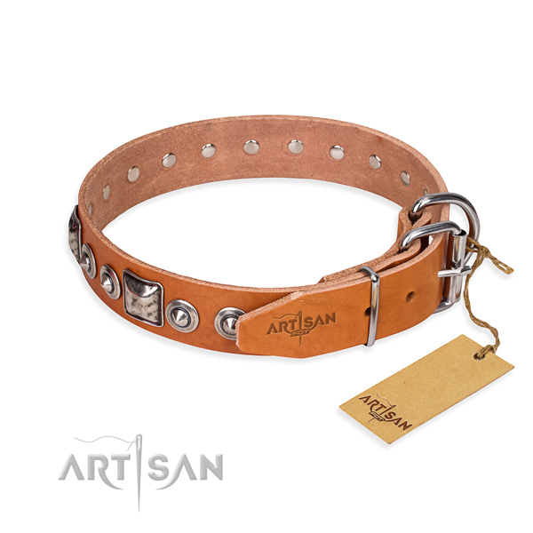 Full grain natural leather dog collar made of top rate material with corrosion resistant decorations