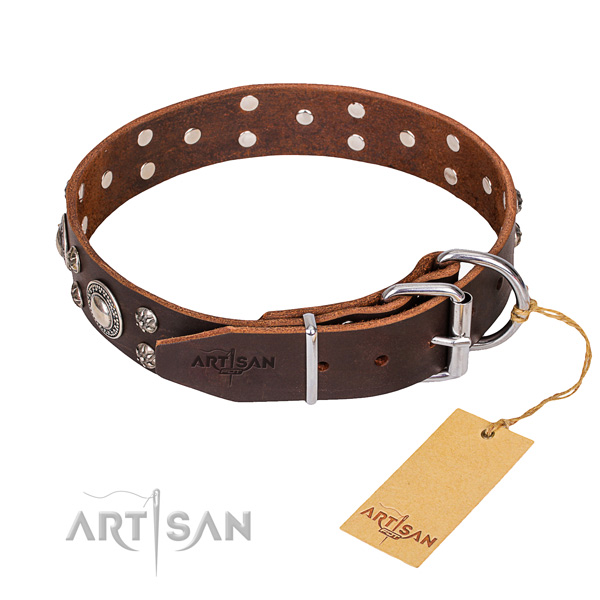 Handy use embellished dog collar of quality genuine leather