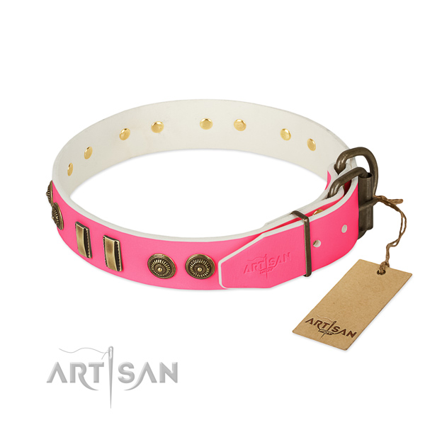 Rust-proof D-ring on natural leather dog collar for your four-legged friend