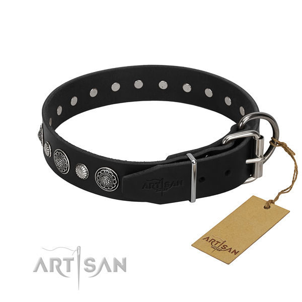 Reliable full grain leather dog collar with designer decorations