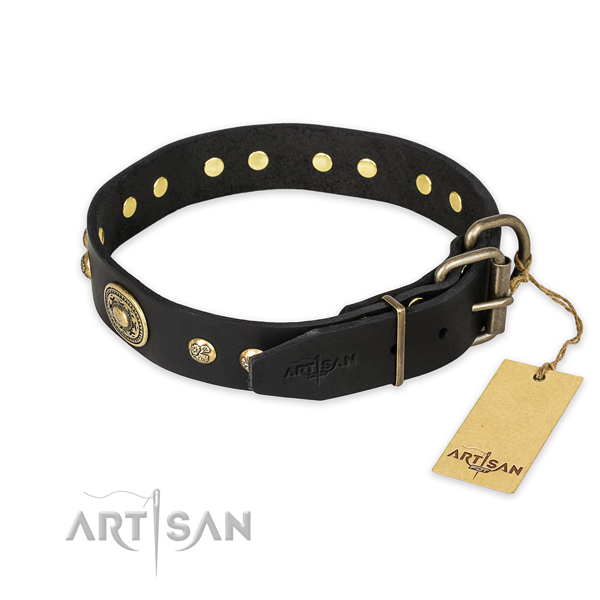 Durable D-ring on full grain natural leather collar for everyday walking your doggie