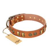 "Natural Beauty" FDT Artisan Tan Leather German Shepherd Collar with Old Bronze-like Circles and Plates