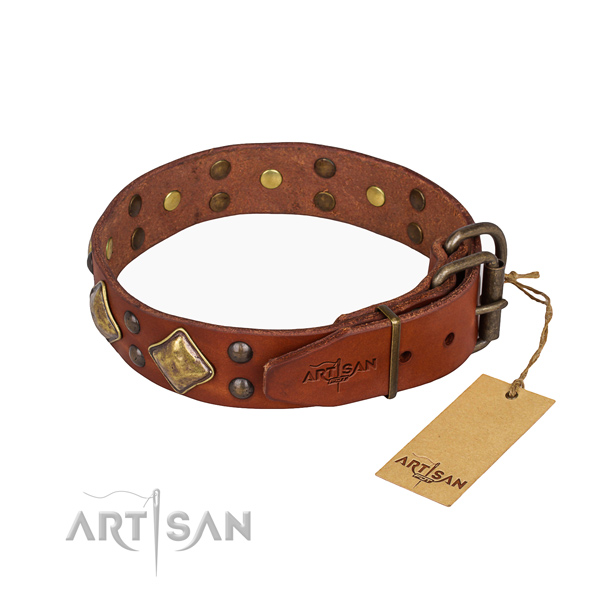 Full grain natural leather dog collar with exceptional corrosion resistant decorations