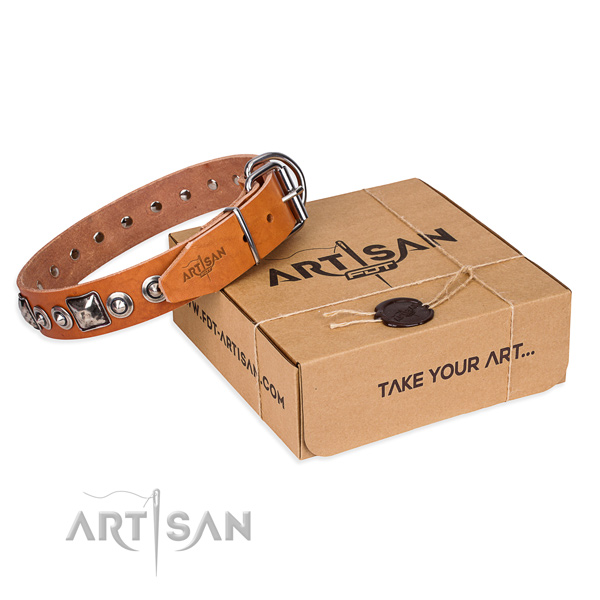 Genuine leather dog collar made of top notch material with corrosion proof hardware