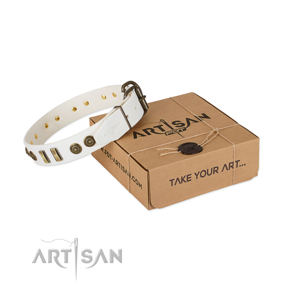 Rust resistant embellishments on full grain leather dog collar for your doggie