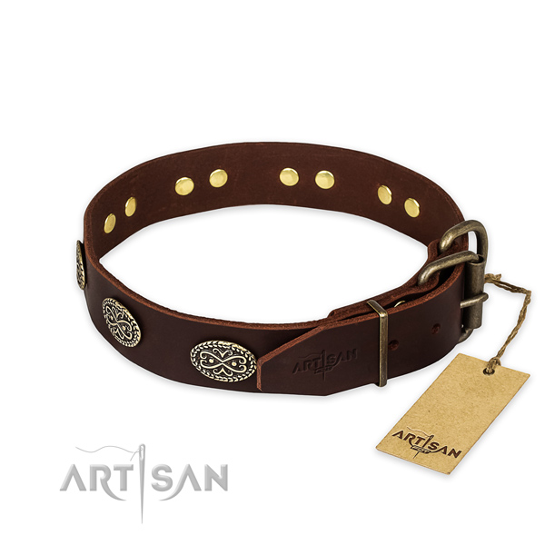 Corrosion resistant D-ring on natural genuine leather collar for your lovely canine