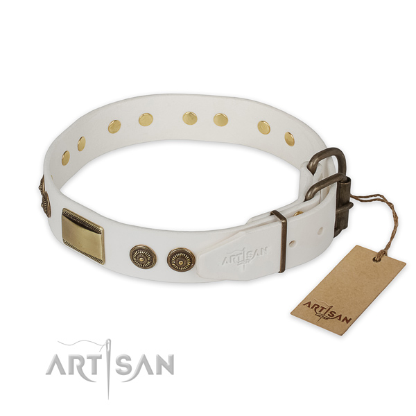 Rust resistant fittings on natural genuine leather collar for walking your doggie