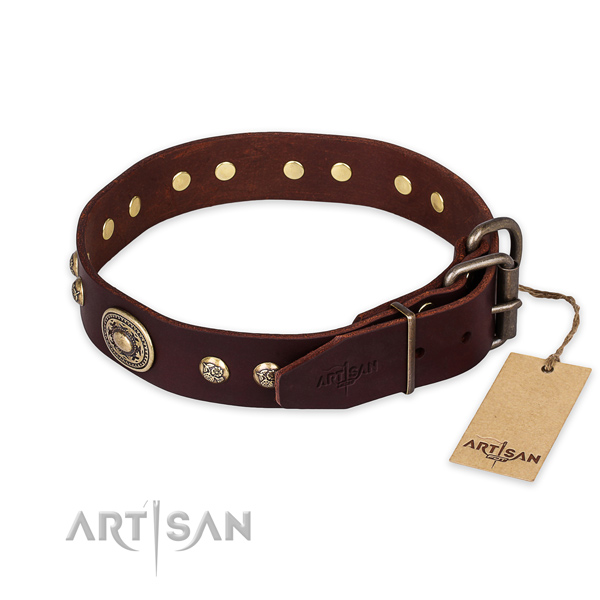 Durable hardware on full grain leather collar for everyday walking your canine