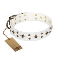 "Bright Stars" FDT Artisan White Leather German Shepherd Collar with Old Bronze Look Decorations "Bright Stars" FDT Artisan White Leather German Shepherd Collar with Old Bronze Look Decorations