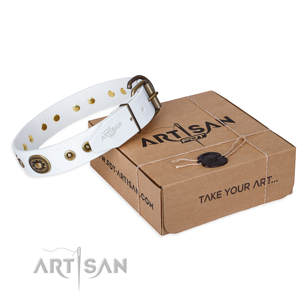 Natural genuine leather dog collar made of top notch material with durable traditional buckle