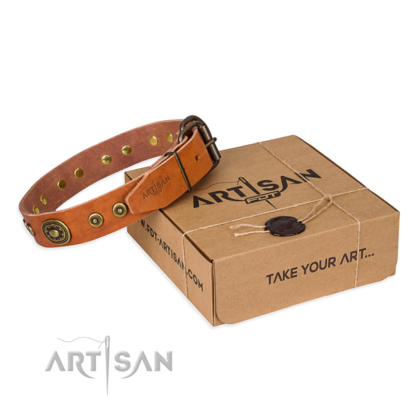 Genuine leather dog collar made of quality material with strong hardware