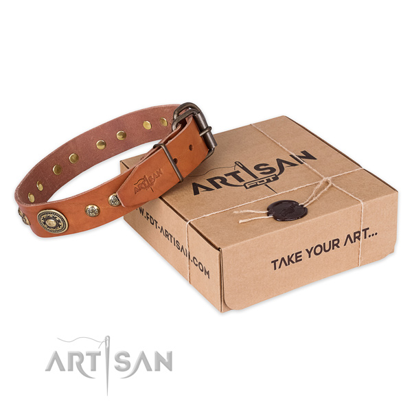 Rust resistant fittings on full grain genuine leather dog collar for everyday use