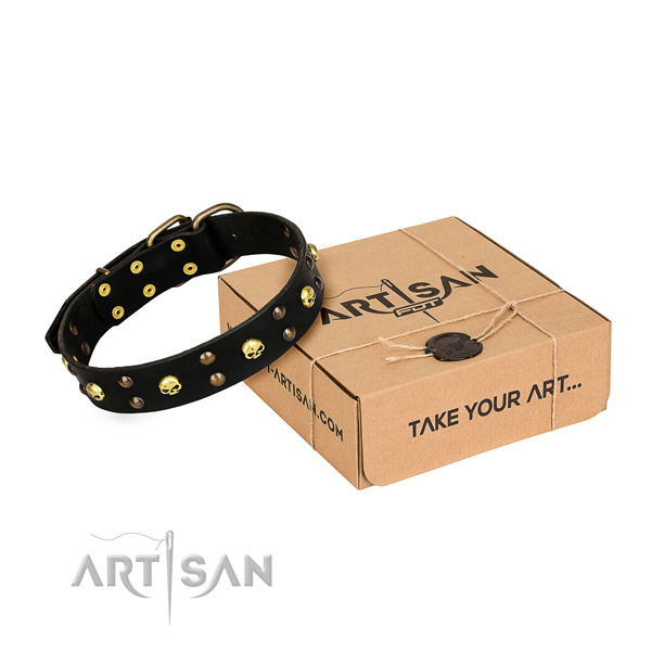 Easy wearing dog collar of fine quality full grain genuine leather with adornments