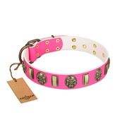 "Perilous Beauty" Pink FDT Artisan Leather German Shepherd Collar with Small Plates and Skulls