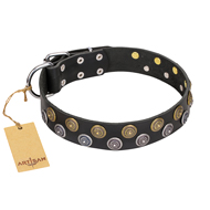 "Romantic Breeze" FDT Artisan Black Leather German Shepherd Collar with Sparkling Circles