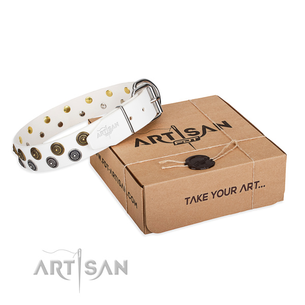Daily use dog collar of durable full grain genuine leather with decorations