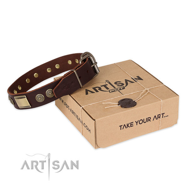 Corrosion proof buckle on natural genuine leather dog collar for comfy wearing