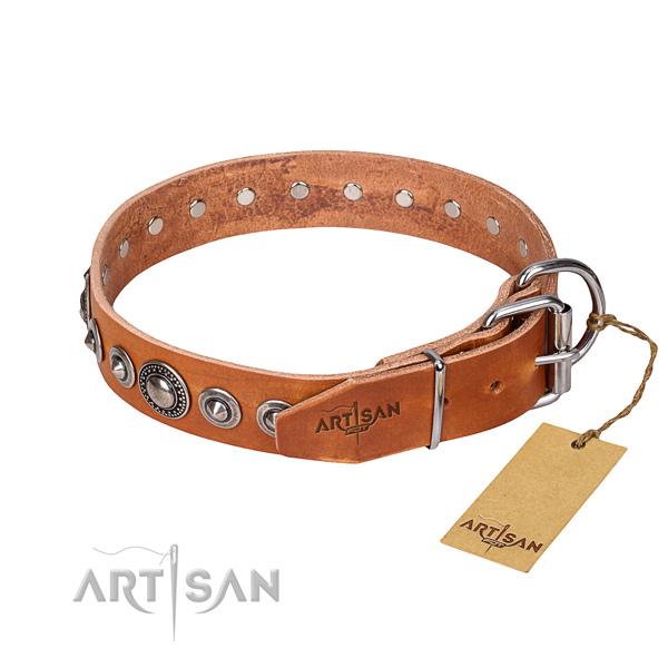 Full grain genuine leather dog collar made of soft to touch material with strong embellishments