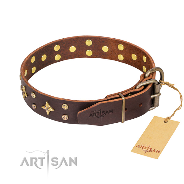 Daily walking decorated dog collar of reliable genuine leather