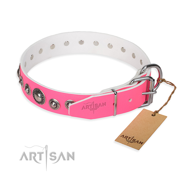 Full grain leather dog collar made of flexible material with rust resistant adornments