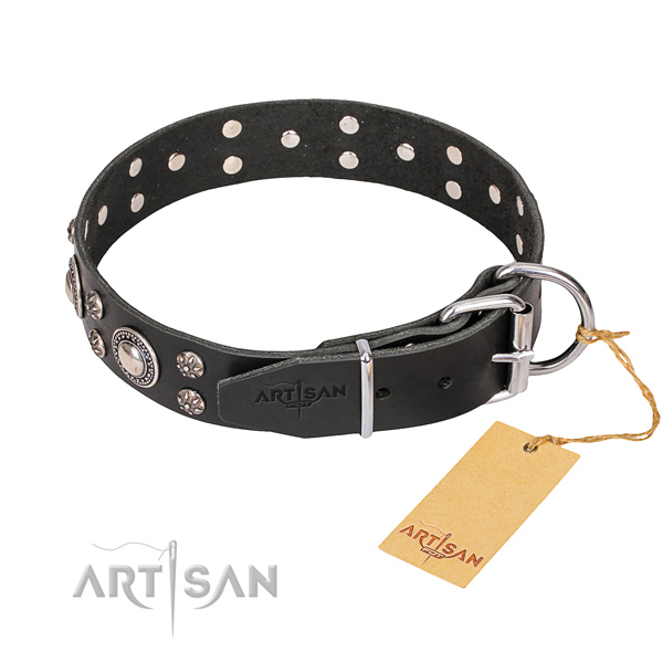 Comfy wearing decorated dog collar of finest quality genuine leather