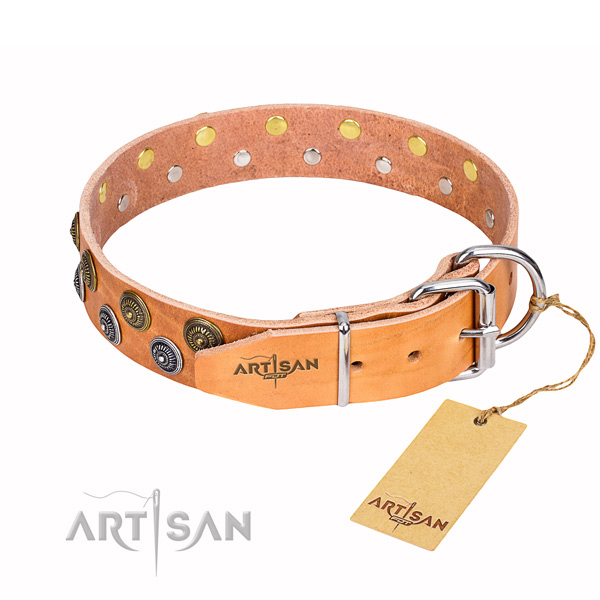 Basic training decorated dog collar of durable genuine leather