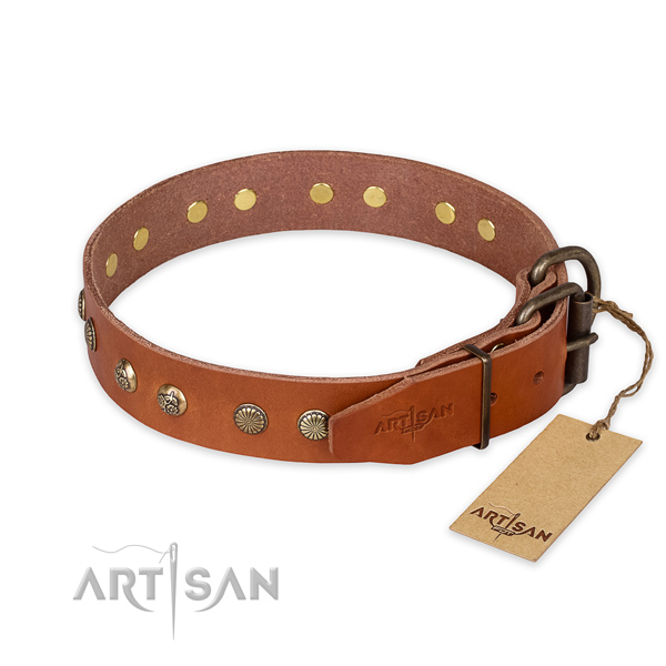 Corrosion resistant traditional buckle on full grain natural leather collar for your attractive dog