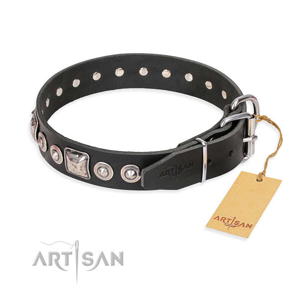Full grain genuine leather dog collar made of top rate material with durable adornments