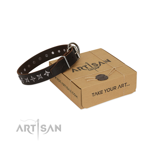 Everyday use dog collar of best quality full grain genuine leather with decorations