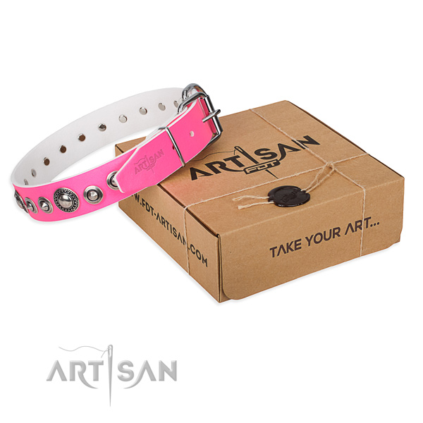Full grain genuine leather dog collar made of soft material with durable fittings