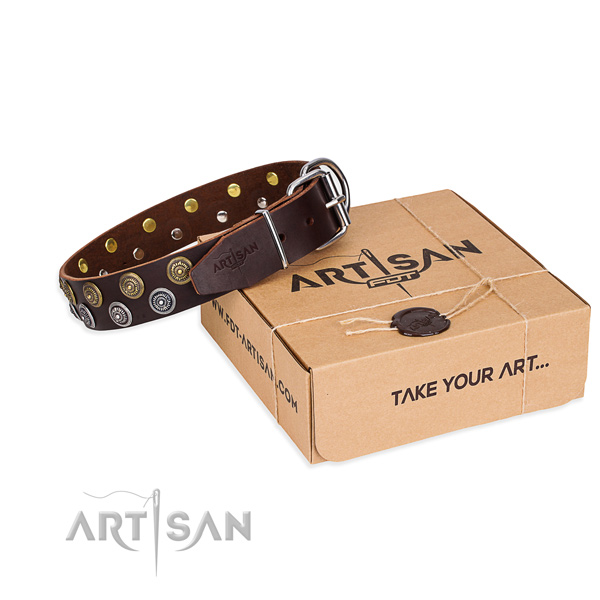 Handy use dog collar of top quality natural leather with embellishments