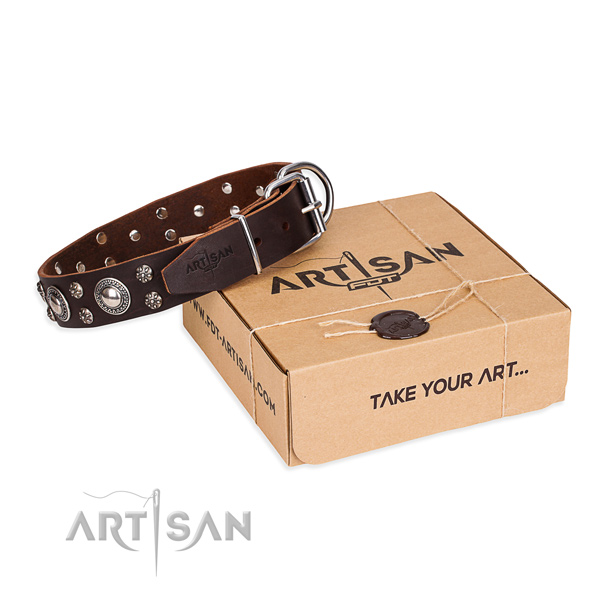 Comfortable wearing dog collar of reliable full grain leather with decorations