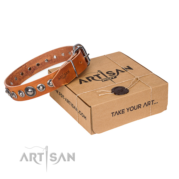 Natural genuine leather dog collar made of top notch material with corrosion resistant buckle