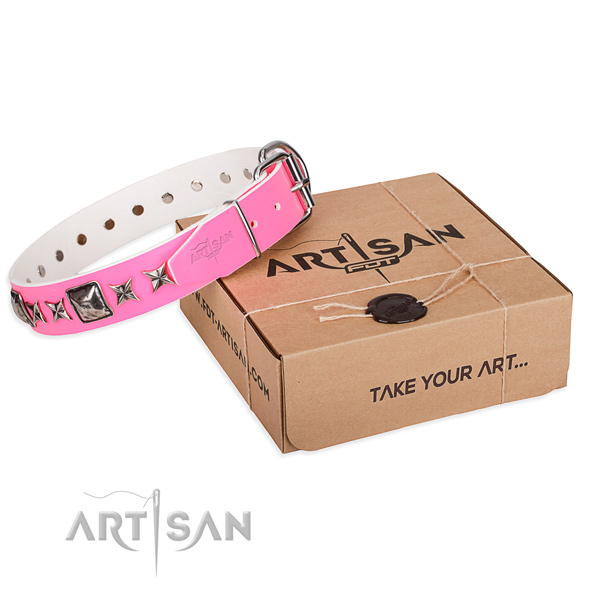 Comfortable wearing natural leather dog collar with adornments