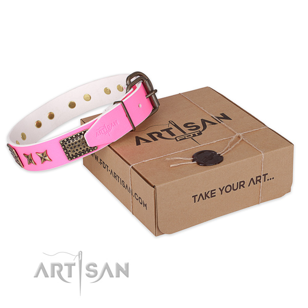 Corrosion resistant buckle on full grain genuine leather collar for your attractive canine