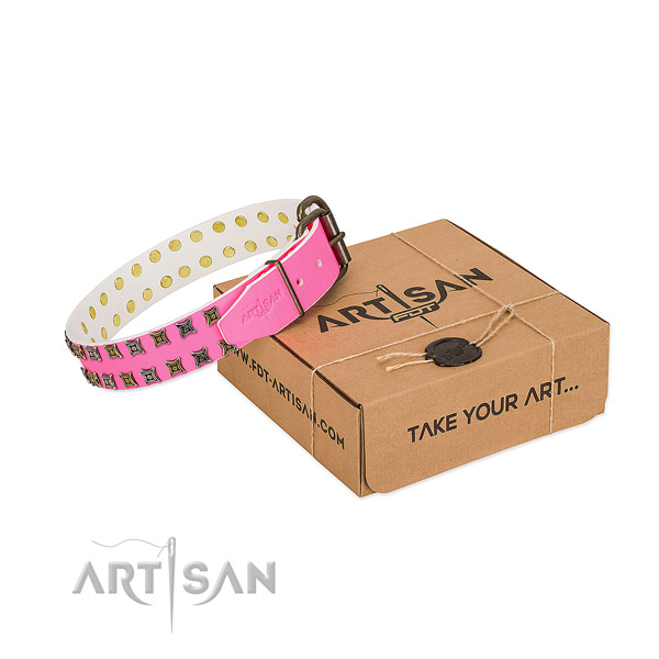 Full grain genuine leather collar with top notch embellishments for your dog