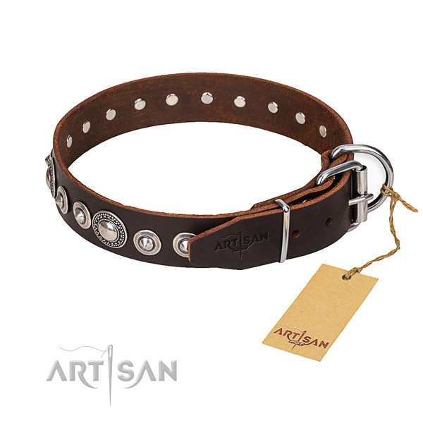 Full grain genuine leather dog collar made of quality material with corrosion resistant D-ring