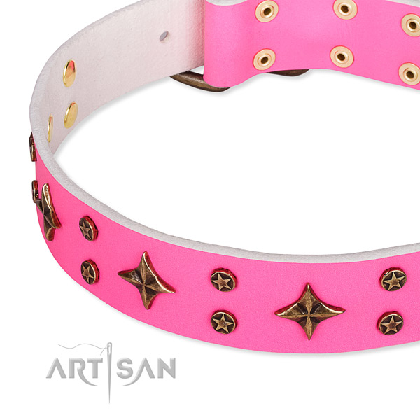 Comfortable wearing embellished dog collar of fine quality leather