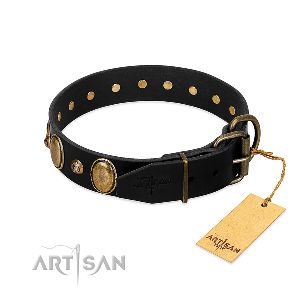 Durable fittings on natural genuine leather collar for daily walking your dog