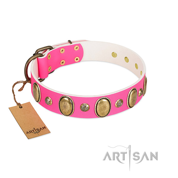 Fancy walking soft to touch natural genuine leather dog collar with embellishments