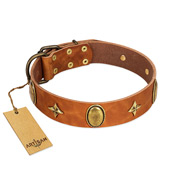 "Space Warrior" FDT Artisan Tan Leather German Shepherd Collar with Ovals and Stars
