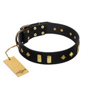 "De Luxe" FDT Artisan Black Leather German Shepherd Collar with Old Bronze-like Plates and Studs