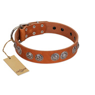 "Woofy Majesty" FDT Artisan Tan Leather German Shepherd Collar with Round Silver-like Plates