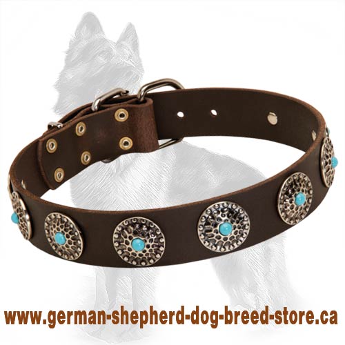 Leather German Shepherd Collar with Marvelous Circles and Blue Stones