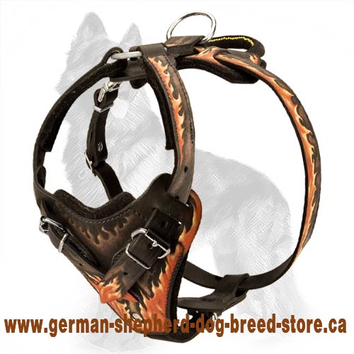 Flames Painted Leather German Shepherd Harness