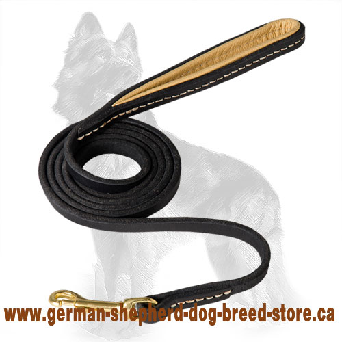 Leather German Shepherd Leash with Padded Handle and White Stitches
