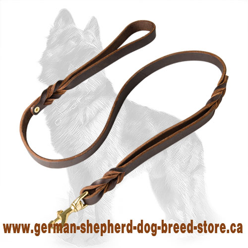 German Shepherd Leather Dog Leash with Extra Handle - 3/4 inch on 5 foot Dog Leash